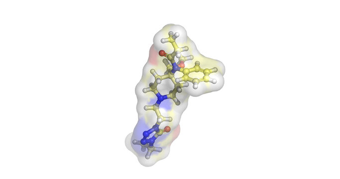 Alfentanil, rapid-onset short-acting synthetic opioid drug for surgical anesthesia induction, 3D molecule 4K