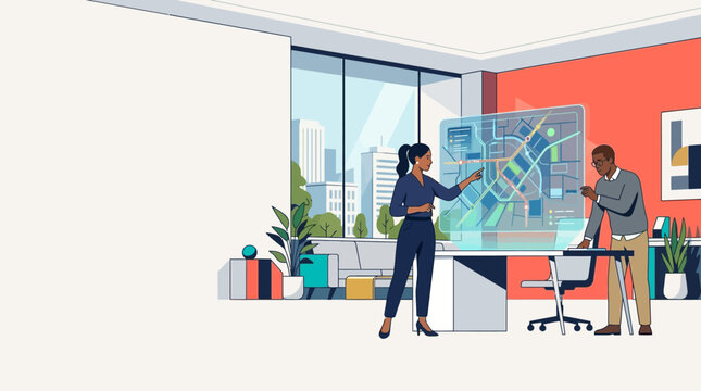 Professional Team Analyzing Futuristic Smart City Map in Modern Office Illustration with Copy Space