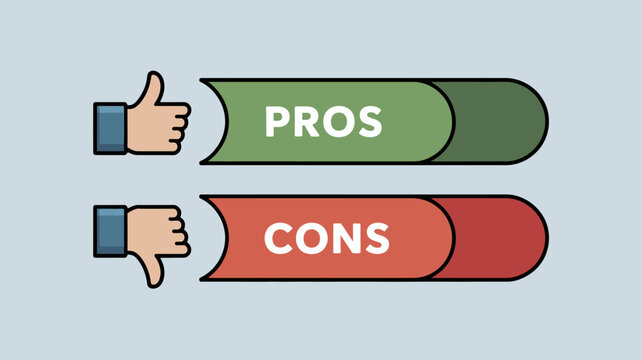 Thumbs up and thumbs down icons with pros and cons labels on a light blue background icon positive feedback negative agreement