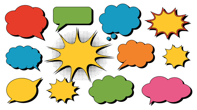 Collection Of Comic Book Speech Bubbles And Starbursts Vector Illustration balloons thought graphic elements pop art retro style cartoon dialogue boxes