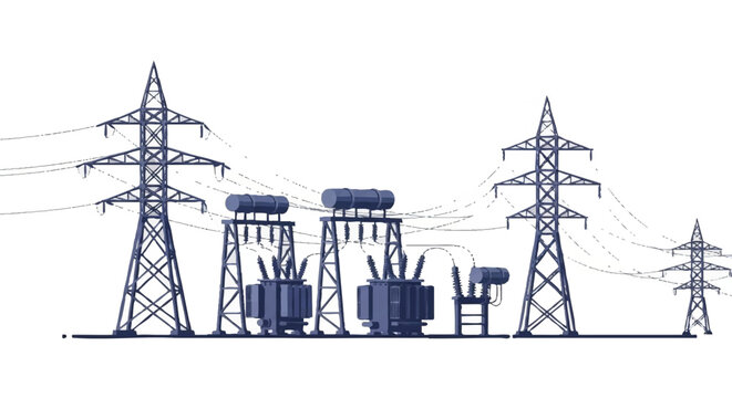 High voltage power lines and electrical transmission pylon towers