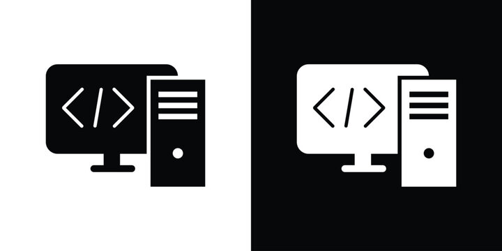 Desktop computer monitor showing programming brackets next to a PC tower. Represents a developer workstation, hardware setup, software building, and computing power.