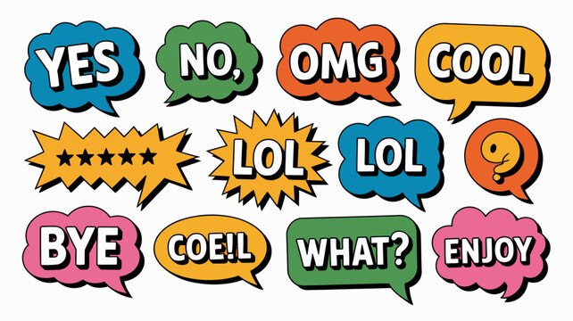 Speech bubble collection vector illustration with colorful text on white background comic bubbles thought balloons dialogue boxes graphics flat vibrant exclamation
