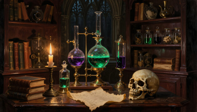Alchemistischer Arbeitsplatz mit Totenkopf und leuchtenden Zaubertr&auml;nken