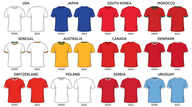 Set of blank soccer jersey shirt templates with national team colors