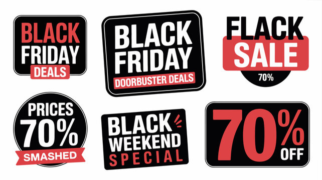 Black friday sale banners with percentage discounts vector illustration discount offer promotion deals weekend prices seventy percent graphic design retail shopping