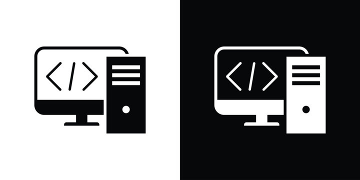 Desktop computer monitor showing programming brackets next to a PC tower. Represents a developer workstation, hardware setup, software building, and computing power.