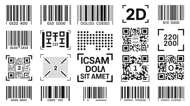 Assorted Barcodes And Two dimensional Codes On White Background barcode upc ean code 128 data matrix two dimensional scannable product identification inventory