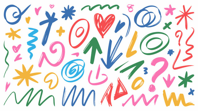 Colorful doodle pattern on a white background featuring abstract shapes and symbols scribble sketch lines vibrant hand drawn illustration vector playful creative