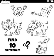 Fototapeta premium differences puzzle game with cute happy cartoon boy and his dog coloring page