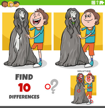 differences puzzle game with cute cartoon teen boy and his dog
