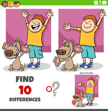 differences puzzle game with cute happy cartoon boy and his dog