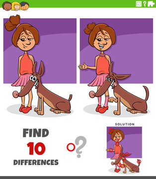 differences puzzle game with cute cartoon teen girl and her dog