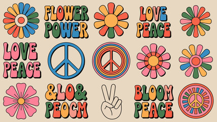 Floral ornament and peace symbol collection retro vector illustration flower pattern design vintage seventies 1970s sign dove hand gesture power love © Digishopppp