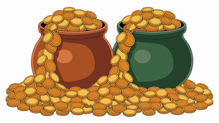 Two ceramic pots overflowing with gold coins on a white background earthenware treasure wealth fortune abundance prosperity yellow brown green vector © Digishopppp