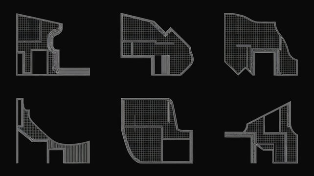 Architectural plan silhouettes with grid texture on black background building blueprint floor design schematic pattern geometric shapes technical drawing negative space