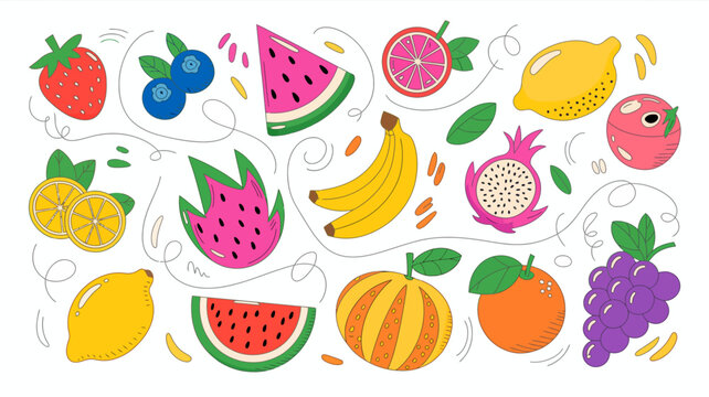 Assorted fruits illustration with hand drawn lines on a white background fruit orange lemon watermelon strawberry banana grape dragonfruit pitaya blueberry