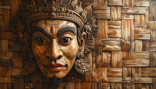 Intricate wooden carving of a deity against a woven bamboo background