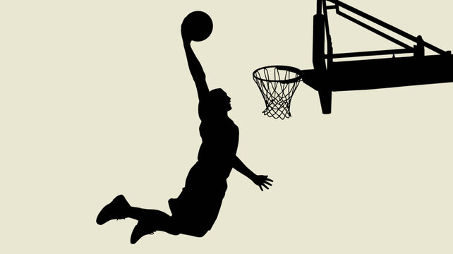 Basketball player silhouette leaping towards the hoop a black shape on a light background sports athlete jumping dunking net backboard competition