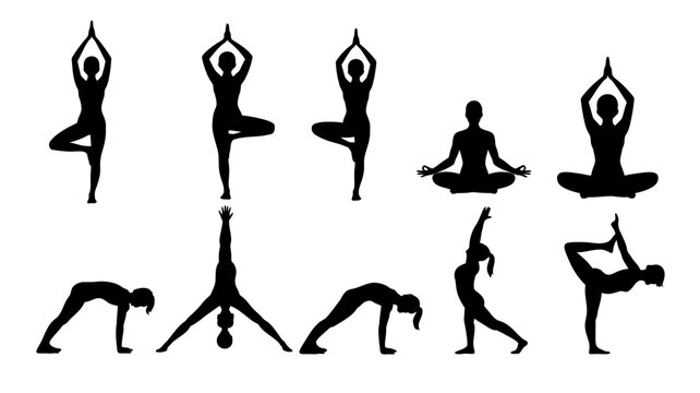 Yoga pose silhouettes against a white background depicting various asanas in black poses exercise fitness meditation wellness stretching balance flexibility body