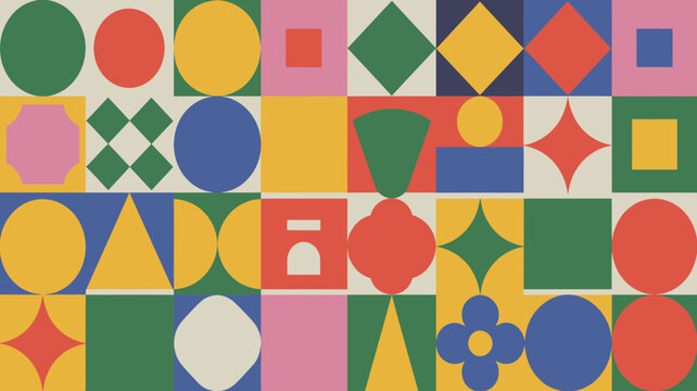 Geometric pattern with colorful shapes and flat design abstract vector illustration background graphic modern art visual composition arrangement square circle triangle