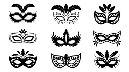 Nine Black Masquerade Masks Silhouette Vector Illustration On White Background face carnival ball costume disguise venetian mardi gras party celebration event © Digishopppp