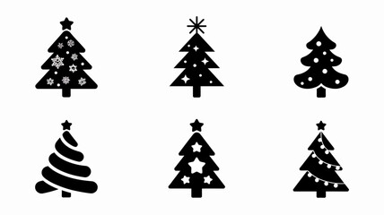 Obraz premium Black Silhouette Christmas Tree Set Vector Illustration On White Background evergreen fir pine holiday seasonal winter celebration decor ornament star snowflakes