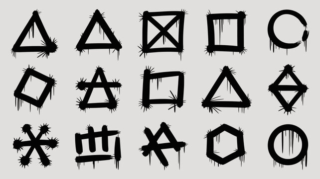 Geometric shape silhouettes with spray paint texture on a light gray background shapes stencil art black triangle square circle diamond polygon