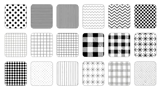 Variety of fabric patterns on a white background showcasing diverse textile designs pattern design repeating geometric checkered striped polka dot zigzag