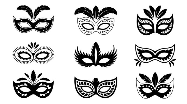 Nine Black Masquerade Masks Silhouette Vector Illustration On White Background face carnival ball costume disguise venetian mardi gras party celebration event