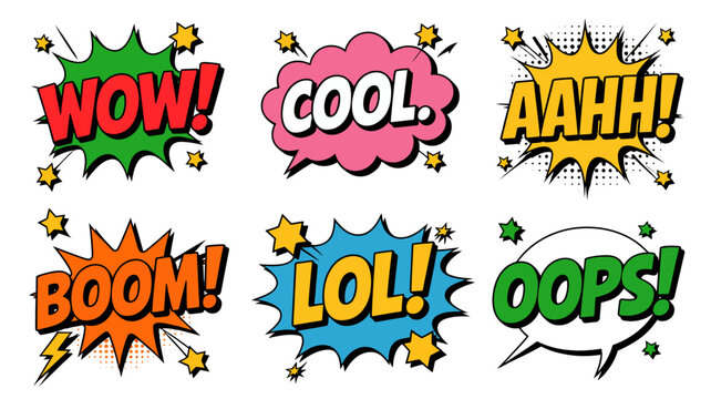 Comic style speech bubbles with onomatopoeia colorful vector illustration bubble wow cool aahh boom lol oops exclamation sound effect graphic design