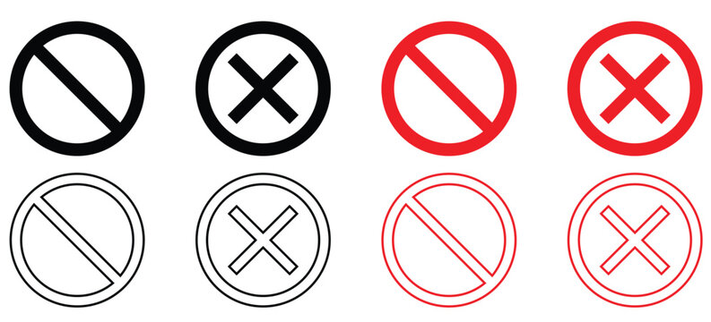 Diverse red and black prohibition and cancellation circle symbols in solid and outline graphic styles