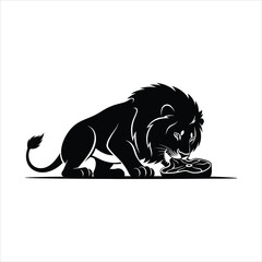 Obraz premium Male lion eating raw meat steak silhouette vector illustration. Wild predator lion feeding animal icon isolated on white background