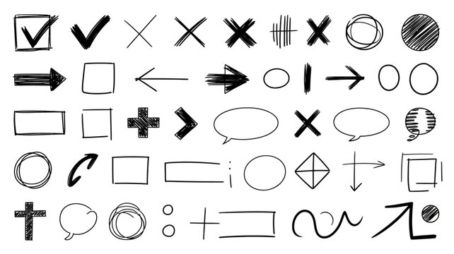 Collection Of Hand drawn Line Icons On A White Background checklist icon tick mark cross hatching circle oval scribble arrow square