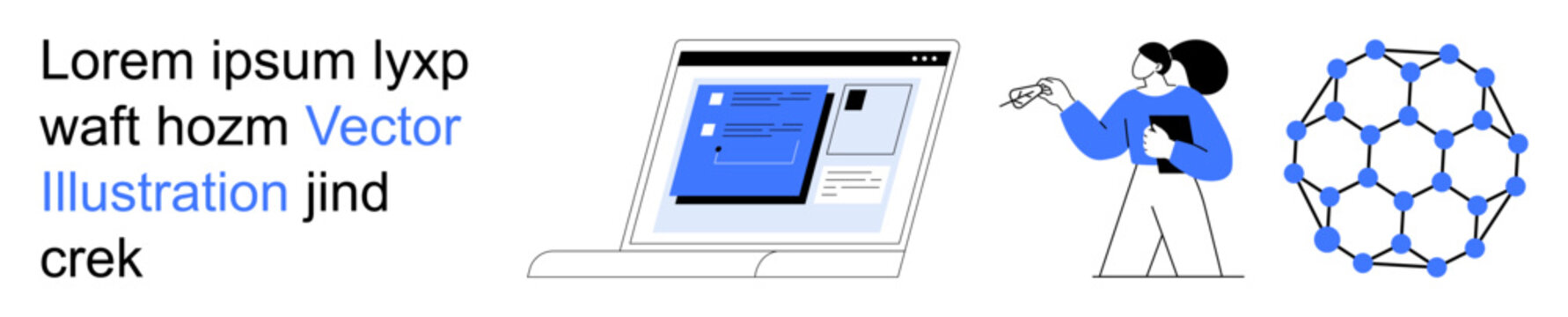 Technology, education, innovation, digital interaction, science, and connectivity. A laptop displaying an interface, a person gesturing a molecule-thumbs up structure. Technology and education