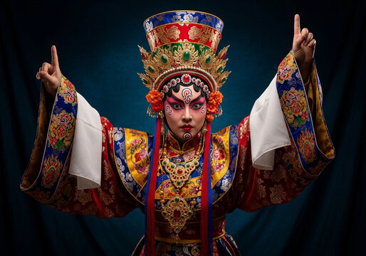 Traditional performer in colorful costume with elaborate headdress and makeup on dark blue backdrop.