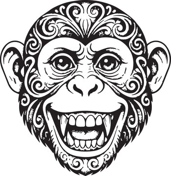 Intricate black and white stylized monkey face with ornate swirling tribal patterns