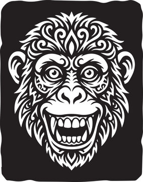 Stylized abstract monkey face with an aggressive grin and tribal patterns on a dark background