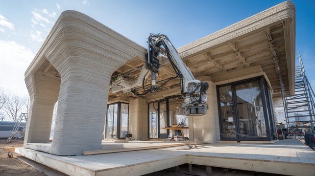 Sunlit d printed house with porch and paused robotic arm at facade, seamless layered concrete finish, glass doors and broad overhang, landscaped platform and modern sustainable architecture ready