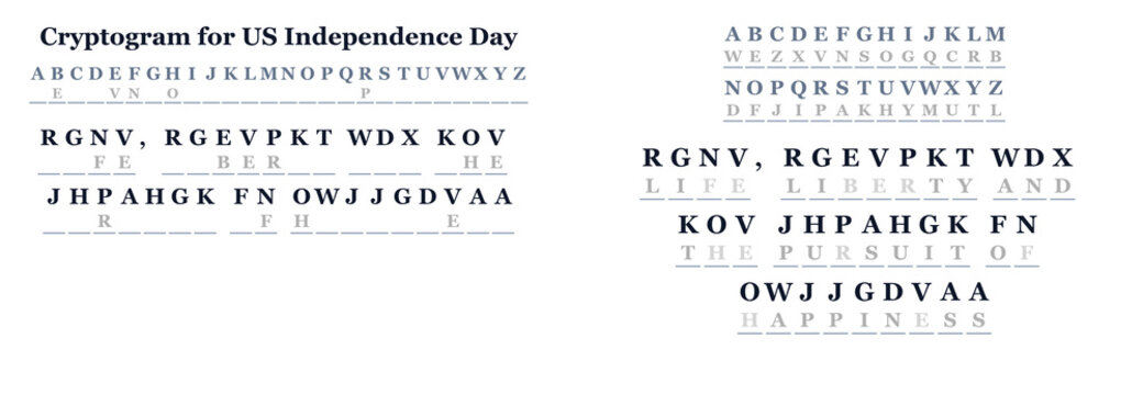 Cryptogram puzzle for US Independence Day with letters and symbols  