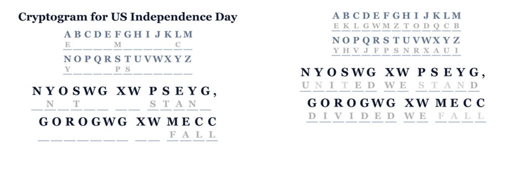 Cryptogram for US Independence Day featuring encoded text and alphabet  