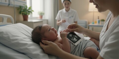 Fototapeta premium In the warm glow of a hospital nursery, a new mother tenderly cradles her tiny daughter in her arms, surrounded by the gentle care of a nurse and the love that fills every corner.