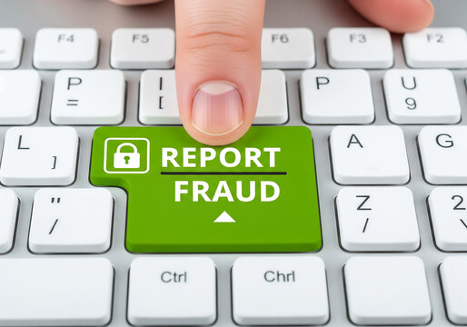 Finger pressing a green report fraud key on a computer keyboard