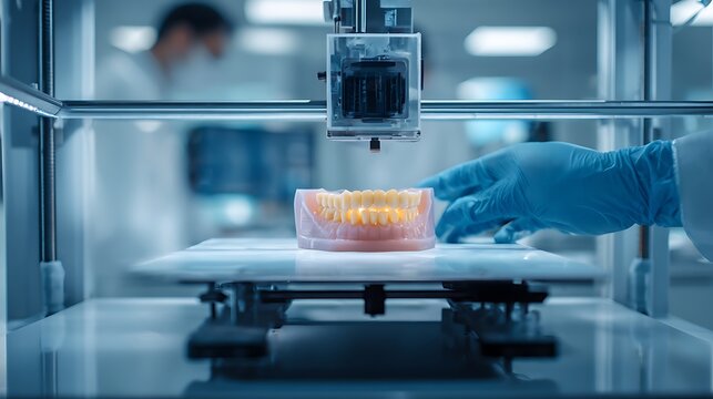 High tech 3D printer creating a dental jaw model in a modern medical laboratory for dentistry and prosthetics.