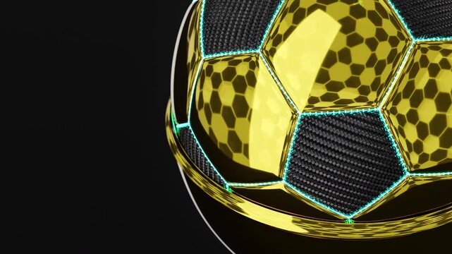 4K 3D animation of golden football award with glowing neon lines and carbon fiber texture. Detailed sports trophy rotating video loop