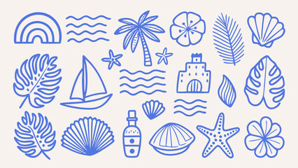 Blue line art illustration featuring a collection of tropical and marine themed elements on a light background beach coastal nautical ocean © Nipa