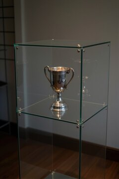 In a sleek modern museum, a stunning silver trophy cup with delicate engravings and curved handles shines brightly within its own glass cube case, bathed in soft diffused lighting.