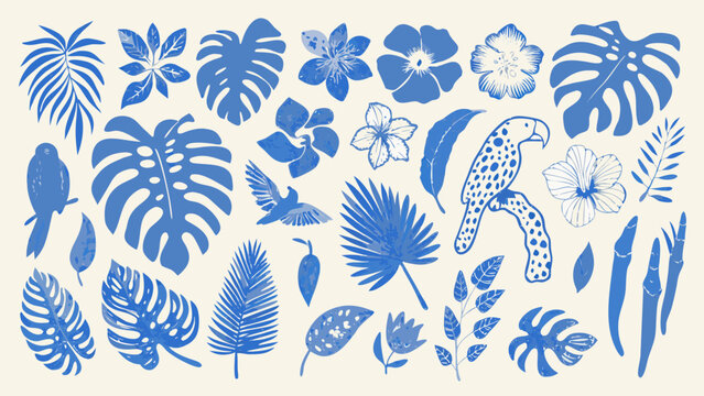 Tropical floral and foliage silhouettes in solid blue arranged on a light beige background leaves hibiscus monstera palm fronds parrot bird
