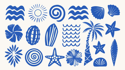 Blue marine life and botanical vector illustration with shells waves and tropical foliage aquatic beach coast coral crest flora floral hibiscus © Nipa