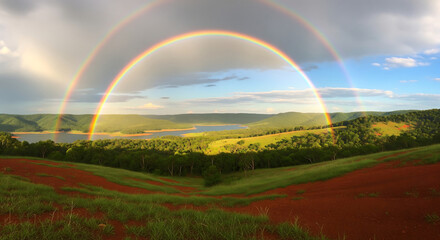 Obraz premium Vibrant double rainbow over colorful countryside fields under soft golden light